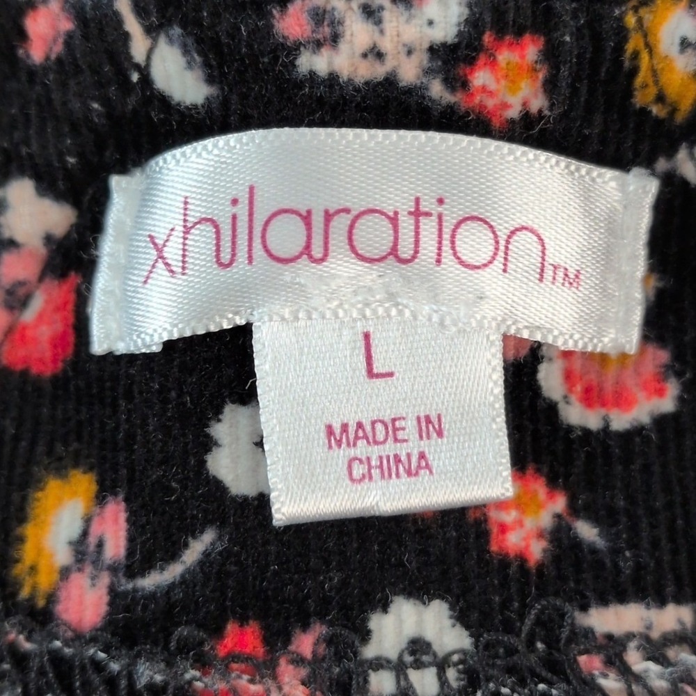 Xhilaration Women L Jumper Dress Black Floral Corduroy Bib Pinafore Mini Pocket - Picture 8 of 10